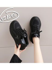 Black Thick Bottom Sports Shoes Womens 2025 Autumn Breathable Mesh Heightening Ultra-Light Work Shoes Versatile Lightweight Dad Shoes