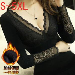 Goddess Clothes Heattech Intimates Womens plus Size Fleece-Lined Thicker Lace V-neck Autumn and Winter Body Shaping Bottoming Shirt Tops