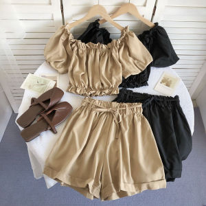 Summer New Wood Grain Edge Short Shirt Bubble Sleeve One Shoulder Top plus High Waist Slim Wide Leg Shorts Two Piece Set
