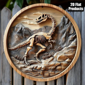HelloYoung | 2D Vintage Dinosaur Fossil Skeleton Metal Wall Art 2D Flat Round Rock Frame Decor for Bedroom Office 7.8x7.8 Inch