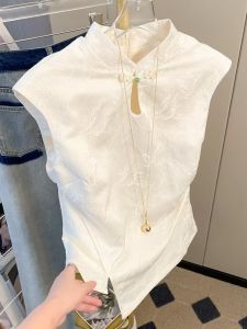 White Short Sleeveless Stand Collar Shirt Womens Fashionable Waist-Cinching Summer New Arrival Chinese Style Top
