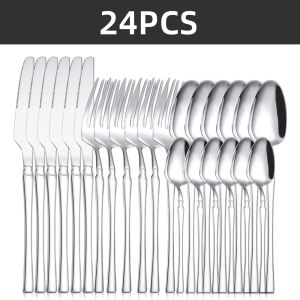 24Pcs Family-Size Stainless Steel Cutlery Set Knife Fork Spoon Tea Coffee Spoon Dinnerware Dishwasher Safe All-Purpose Tableware