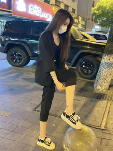 Summer Fashionable Thin Short Sleeve Suit Womens High Waist Seven-Foot-Tall Cotton Two-Piece Set Elegant Personality