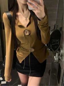 GUZILIAN | Korean Style Slim Fit Long Sleeve Knitted Shirt V Neck Button Stand Collar Waist Cinched Gathered Fitted Office Wear Autumn Top