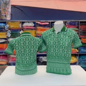 เสื้อโปโลผ้ากีฬา ลายขอ2 สีเขียว ให้สวยงาม พร้อมผ้านุ่มลื่นๆ ใส่สบายไม่ร้อน ยับยาก