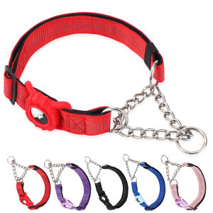 Dog Collar with Air Tag Holder Reflective Nylon Soft Padded No Pull Training Collars Adjustable Stainless Steel Chain Collar f