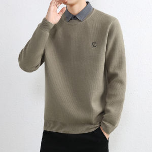 Mens Knitted Fleece Lined Loose Thickened Shirt Collar Sweater Autumn Winter New Style Two-Piece Look Warm Base Layer Top