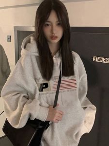 American Style Retro Thickened Fleece Hoodie Womens Autumn Winter Oversize Jacket Chic Lazy Style Top Cotton Polyester Blend