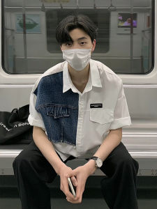 Denim Patchwork Color Block Short Sleeve Collared Mens Shirt Trendy Brand Half Sleeve Outerwear Loose Fit Cotton Polyester Blend