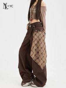 Retro Brown Workwear Denim Pants High Waist Multi Pocket Wide Leg Trousers for Women Casual Wear Resistant to Wear