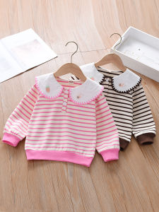 เสื้อสเวตเตอร์คอวีลายทางสำหรับเด็กผู้หญิง ฤดูใบไม้ผลิและฤดูใบไม้ร่วง เสื้อชั้นในลำลองสำหรับเด็กผู้หญิง เสื้อผ้าเด็กผู้หญิง