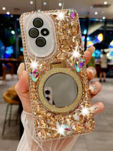 Honor200 pro Silicone Phone Case Full Cover Lens Anti-fall Diamond Embedded with Hanging Rope Makeup Mirror 90 pro Stand Luxury Feel Women