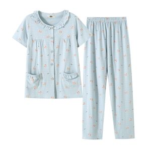 Summer Thin Pure Cotton Short Sleeve Womens Sleepwear Set Large Size Mom Sleepwear Mid-Aged Long Pants Nightgown Ensemble