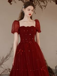 Heavy Industry Wedding Dress 2025 New Style Bride Engagement High-End Bubble Sleeve Wine Red Evening Gown Princess Style