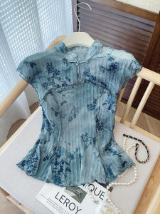 PAIBOLI | Unique Chinese Style Qipao Top Blue Floral Print Short Sleeve Shirt