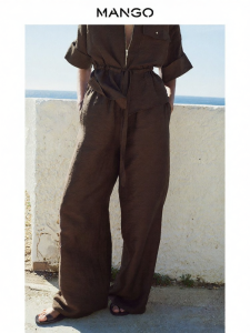 Mango | Womens Lazy Style Mid-rise Wide-leg Elastic Waist Linen Pants