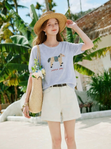 XIANGYING | Childish Print Slim Fit Short Sleeve Knitted Shirt