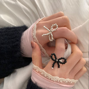 Korean Fashion Pearls Bow Ring Black/Silver Color Bead Ring for Women Girls Advanced Sense Aesthetic Jewelry