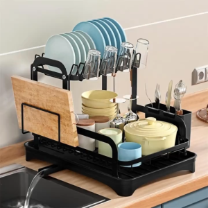 【MY Stock 24H Delivery】2-Tier Dish Drying Rack Foldable Dish Drainer with Drain Board Utensil Holder