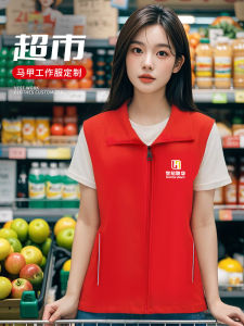 เสื้อกั๊กสีแดง โลโก้พิมพ์ ชุดทำงาน ชุดสินค้าขายตรง ชุดจัดการเงินสด ชุดสมัครใจในชุมชน เสื้อกั๊กผู้หญิง แฟชั่นฤดูใบไม้ผลิ