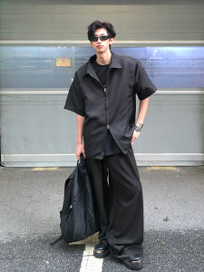 Double Zipper Black Shirt Short Sleeve Mens Summer Fancy Handsome Shirt Cleanfit Thin Sun Protective Clothes Coat