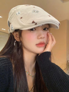 Cute Cat Embroidery Cotton Linen Womens Forward Cap Japanese Style Small Face Duckbill Hat Newsboy Cap Casual Pattern