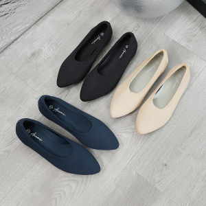 Soft Comfortable Large Size Pointed Toe Flat Knitted Slip-On Shoes Versatile Casual Low Heel Rubber Outsole Fashion Footwear