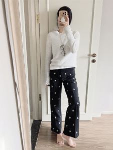 Black Floral Embroidery High Waist Straight Leg Wide Leg Pants Womens Casual Elastic Micro Flared Trousers Autumn 2024