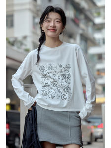 Loose Long Sleeve round Neck Printed T-Shirt Womens Spring New Design Korean Style Casual Top Comfortable Breathable