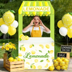 Summer Lemonade Stand Backdrop Green Awning Lemon Pattern Photo Booth Banner for Lemonade Theme Party Decoration