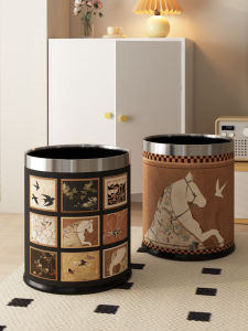 ถังขยะแบบสองชั้นความจุขนาดใหญ่สไตล์ย้อนยุคสำหรับใช้ในบ้าน ถังขยะแบบหนังสำหรับห้องนอนและห้องครัว ถังขยะแบบหนังสำหรับใช้ในบ้าน
