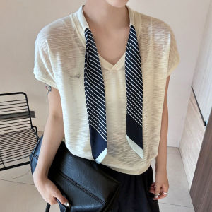 YUEZHONGWEI | French V-neck Silk Scarf Knot Shoulder Ice Silk Knitted Short Sleeve T-shirt Women Summer New Slim Short Top Korean Style Pure Color