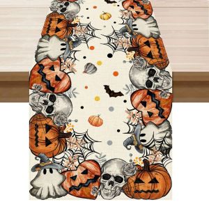 Halloween Table Runner Skull Ghost Pumpkin Spider Web Bat Polka Dot Table Runner for Dining Table Home Halloween Party Decor