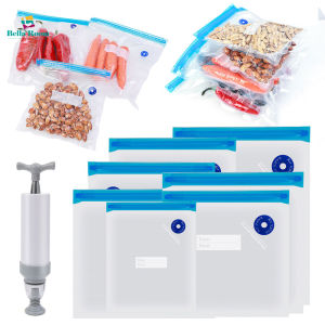 10Pcs Resuable Vacuum Compression Food Fresh-keeping Sealed Bag with Hand Pump Kitchen Snack Vegetable Transparent Storage Bag