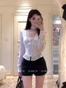 Xinzhengyan plus Size Lace Trim Waist Cinching Shirt Top Womens Fashionable Precise Set High Waist Korean Style Commute