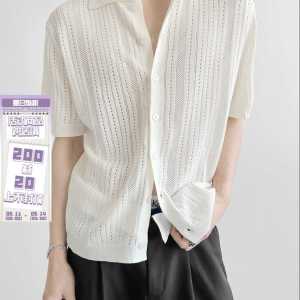 Mens Summer Short Sleeve Knitted Ice Silk Hollow out Casual Shirt Breathable Loose Fit Youthful Style Fashionable Lightweight