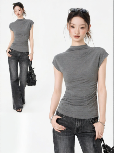 iiiamx | Butterfly Sleeve Half-High Collar Regular Shoulder Fitted T-Shirt Gray