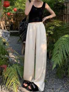 White High Waist Wide Leg Pants Womens Acetate Thin Spring Autumn New Chinese Style Satin Sport Pants Casual Straight Cut