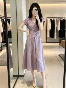 NIUVIES | French Purple V-Neck Waist-Cinching Long Dress