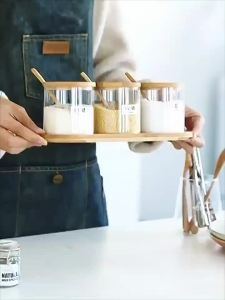 Japanese Style Transparent Glass Seasoning Jars Bamboo Lid