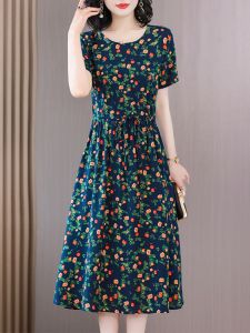 Elegant Floral Print Midi Dress Womens New Summer Belted A-Line Skirt Commute Style Short Sleeve round Neck Gown