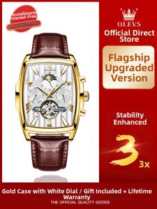OLEVS | Square Cognac Mechanical Watch Automatic Skeleton Water-Resistant