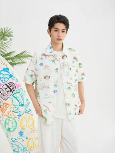 SANFU | Summer Mens Funny All-Over Print Short Shirt Turn-Down Collar Drop Shoulder Design