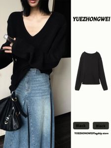 YUEZHONGWEI | Black V-Neck Pull-Over Loose Cozy Style Knitwear Mid-Length