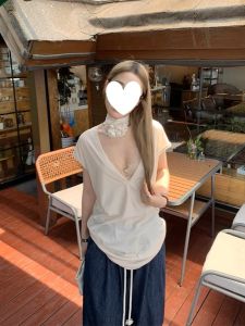 เสื้อกั๊กคอวีลึกแขนกุดผ้าฝ้ายแท้ POPW ระบายอากาศได้ดี สวมใส่สบาย ดีไซน์สองด้าน เสื้อยืดผู้หญิงฤดูร้อน คอวีลึกแขนกุด