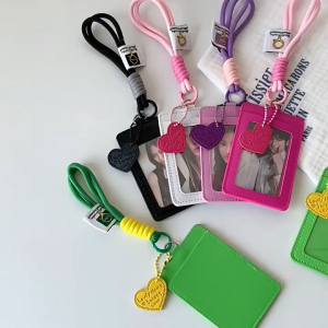 Kpop PU Leather Card Holder with Braided Rope & Heart Pendant - 3Inch/2R ID Card Display Sleeve