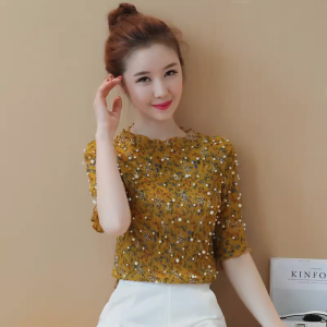 Retro Thin Breathable Floral Beaded Short Sleeve Chiffon Shirt Womens Summer New Design Sensation National Style Top