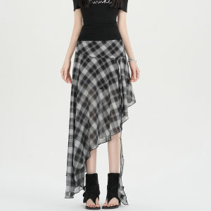 La Chapelle | High Waist Retro A-Line Flared Irregular Plaid Skirt Summer Chiffon