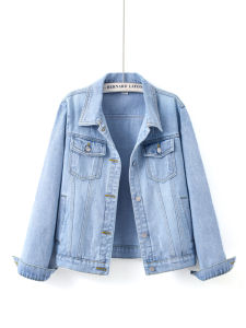 Light Blue Womens Short Denim Jacket Long Sleeve Spring Autumn Versatile Slim Fit Outerwear Polo Collar Single Button Closure