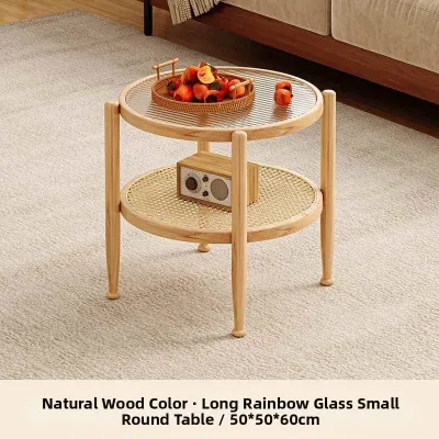 ZHENTAIYUAN | Round Japanese Style Wooden & Rattan Glass Top Coffee Table for Small Living Rooms